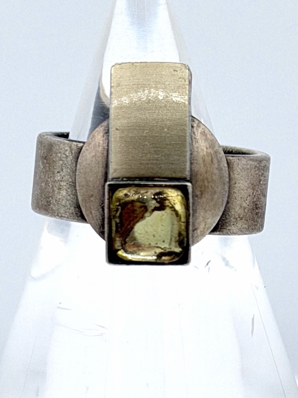 Vintage Citrine Yellow Glass Industrial Geometric Modernist Unisex Ring Jewelry